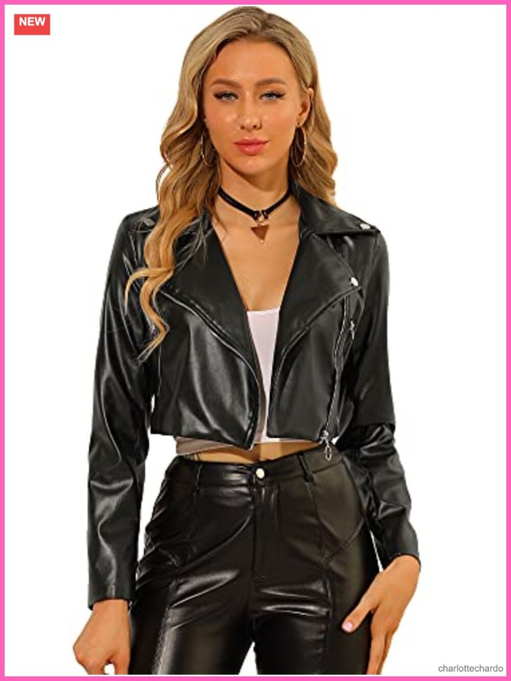 Faux Leather Moto Crop Jacket Zip Up Long Sleeve Notched Collar